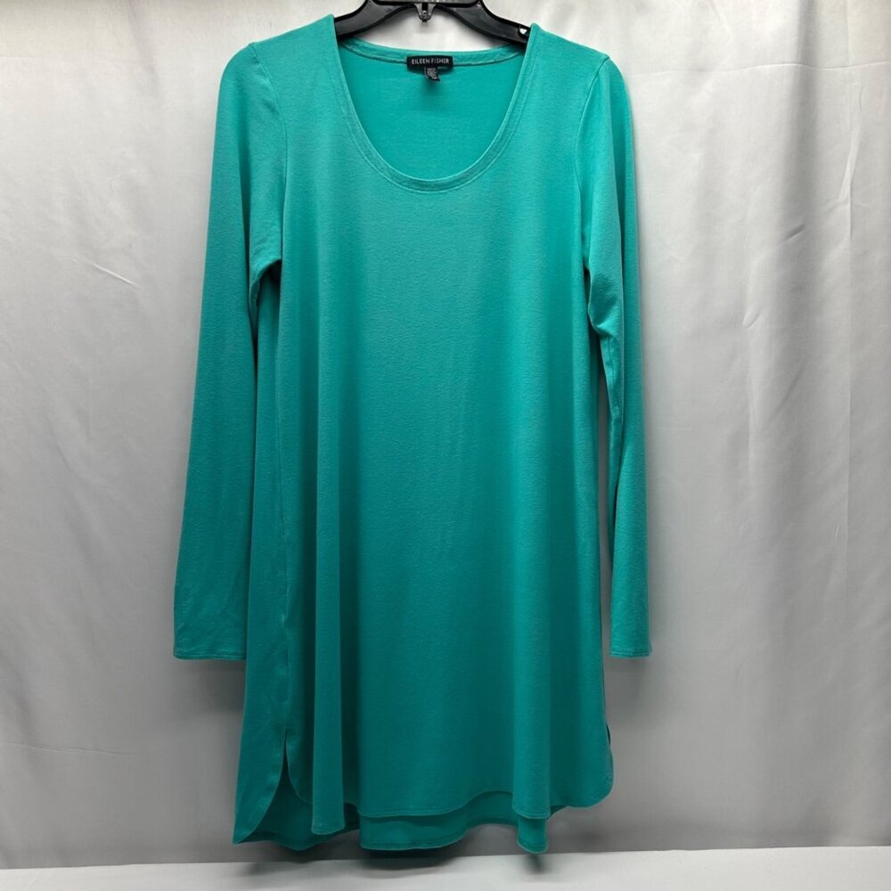 Eileen Fisher Teal Long Sleeve knee length dress  S Scoop Neck Lightweight Knit